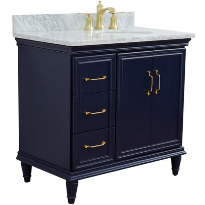 37" Single vanity in Blue finish with White Carrara and oval sink Right door/Right sink