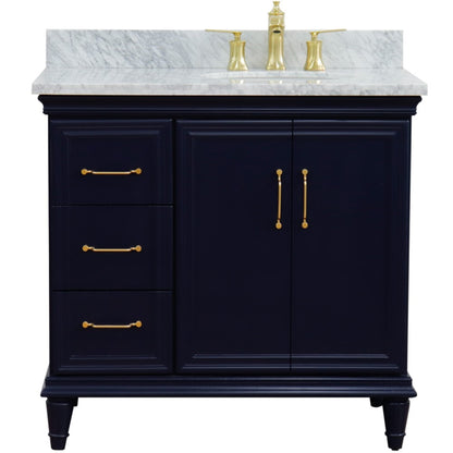 37" Single vanity in Blue finish with White Carrara and oval sink Right door/Right sink