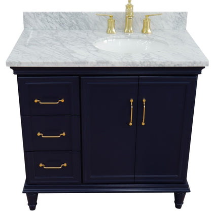37" Single vanity in Blue finish with White Carrara and oval sink Right door/Right sink