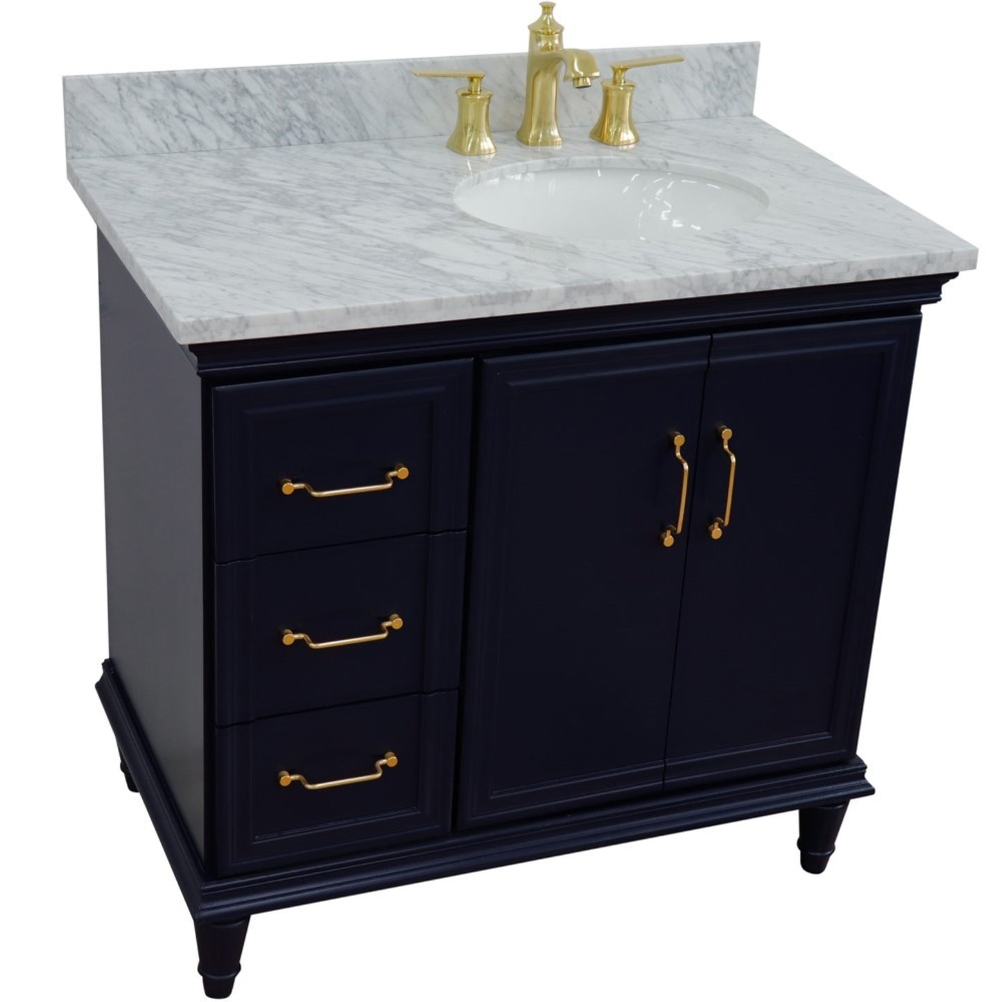 37" Single vanity in Blue finish with White Carrara and oval sink Right door/Right sink