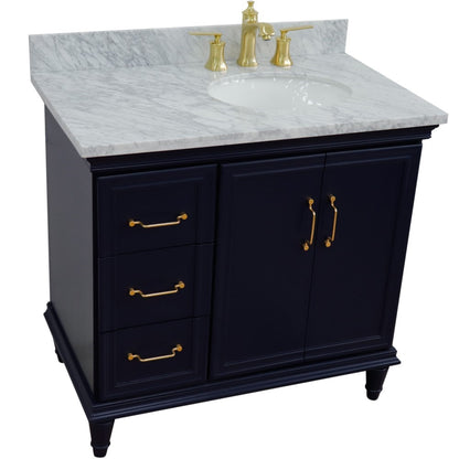 37" Single vanity in Blue finish with White Carrara and oval sink Right door/Right sink