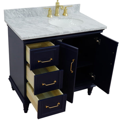 37" Single vanity in Blue finish with White Carrara and oval sink Right door/Right sink
