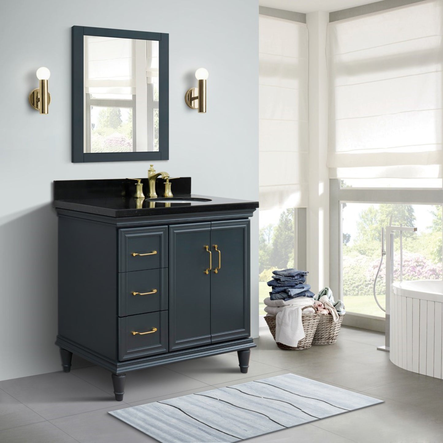 37" Single vanity in Dark Gray finish with Black galaxy and oval sink Right door/Right sink