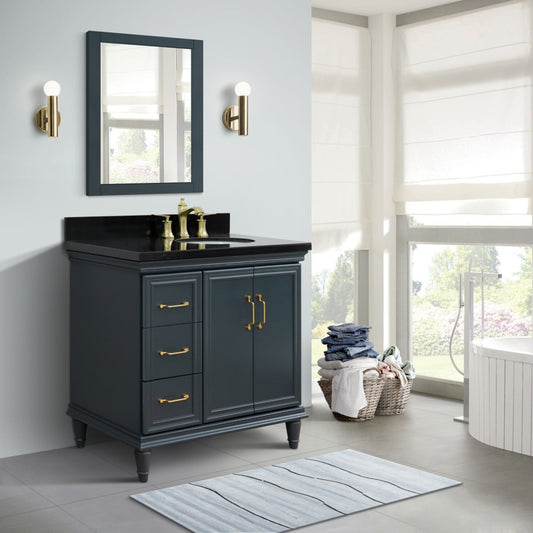 37" Single vanity in Dark Gray finish with Black galaxy and oval sink Right door/Right sink