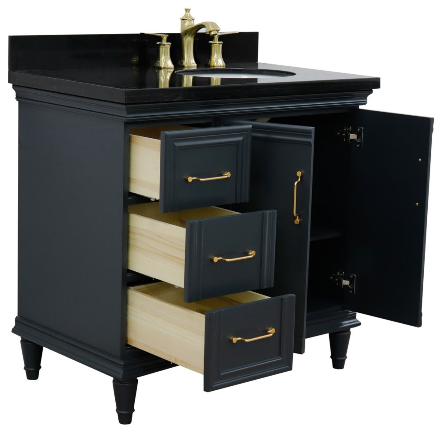 37" Single vanity in Dark Gray finish with Black galaxy and oval sink Right door/Right sink