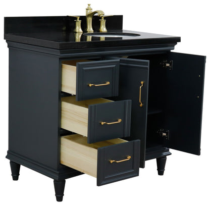 37" Single vanity in Dark Gray finish with Black galaxy and oval sink Right door/Right sink