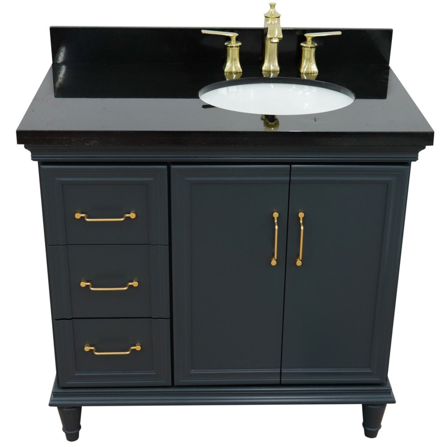 37" Single vanity in Dark Gray finish with Black galaxy and oval sink Right door/Right sink
