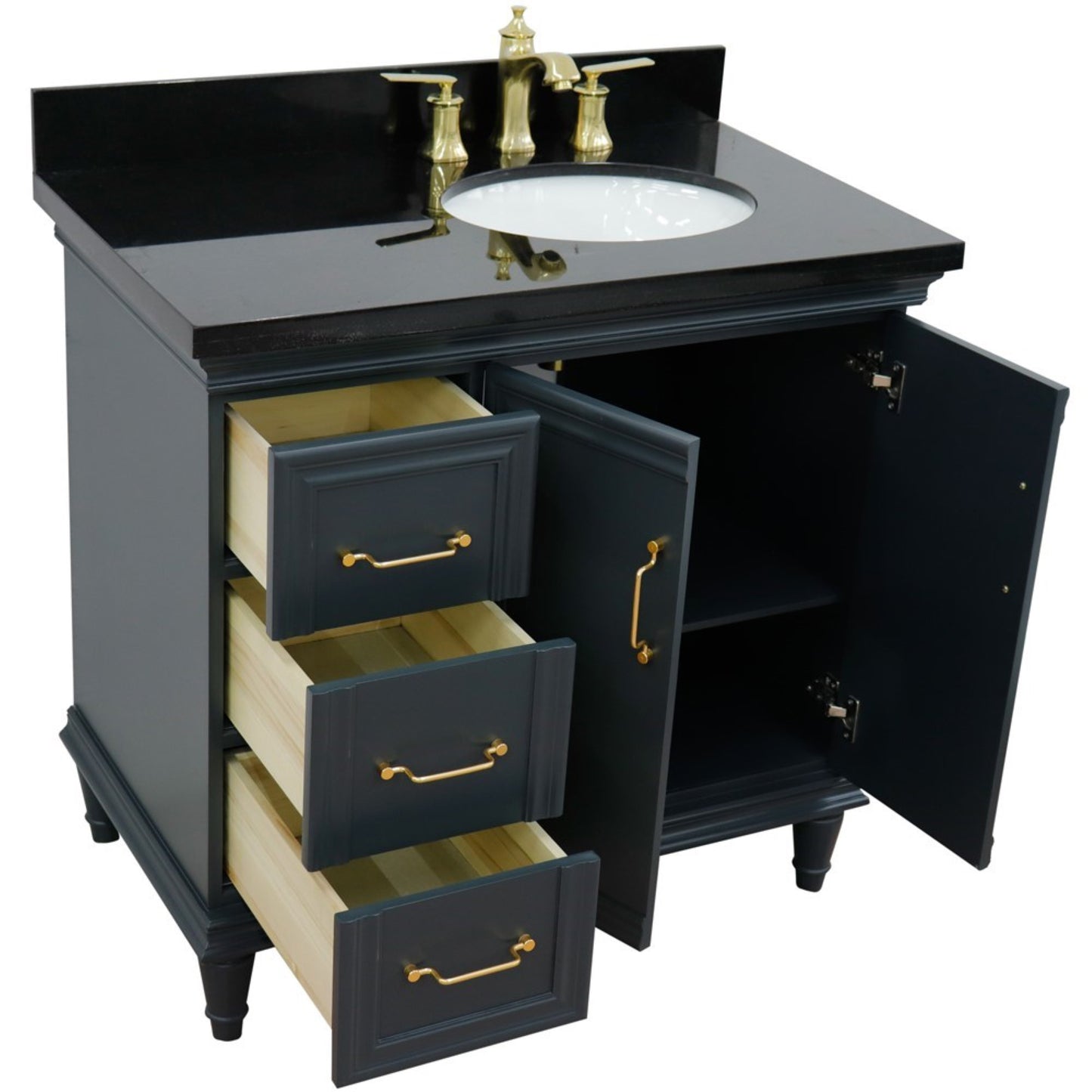 37" Single vanity in Dark Gray finish with Black galaxy and oval sink Right door/Right sink