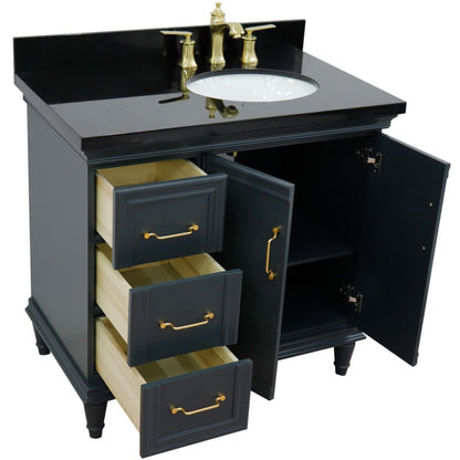 37" Single vanity in Dark Gray finish with Black galaxy and oval sink Right door/Right sink