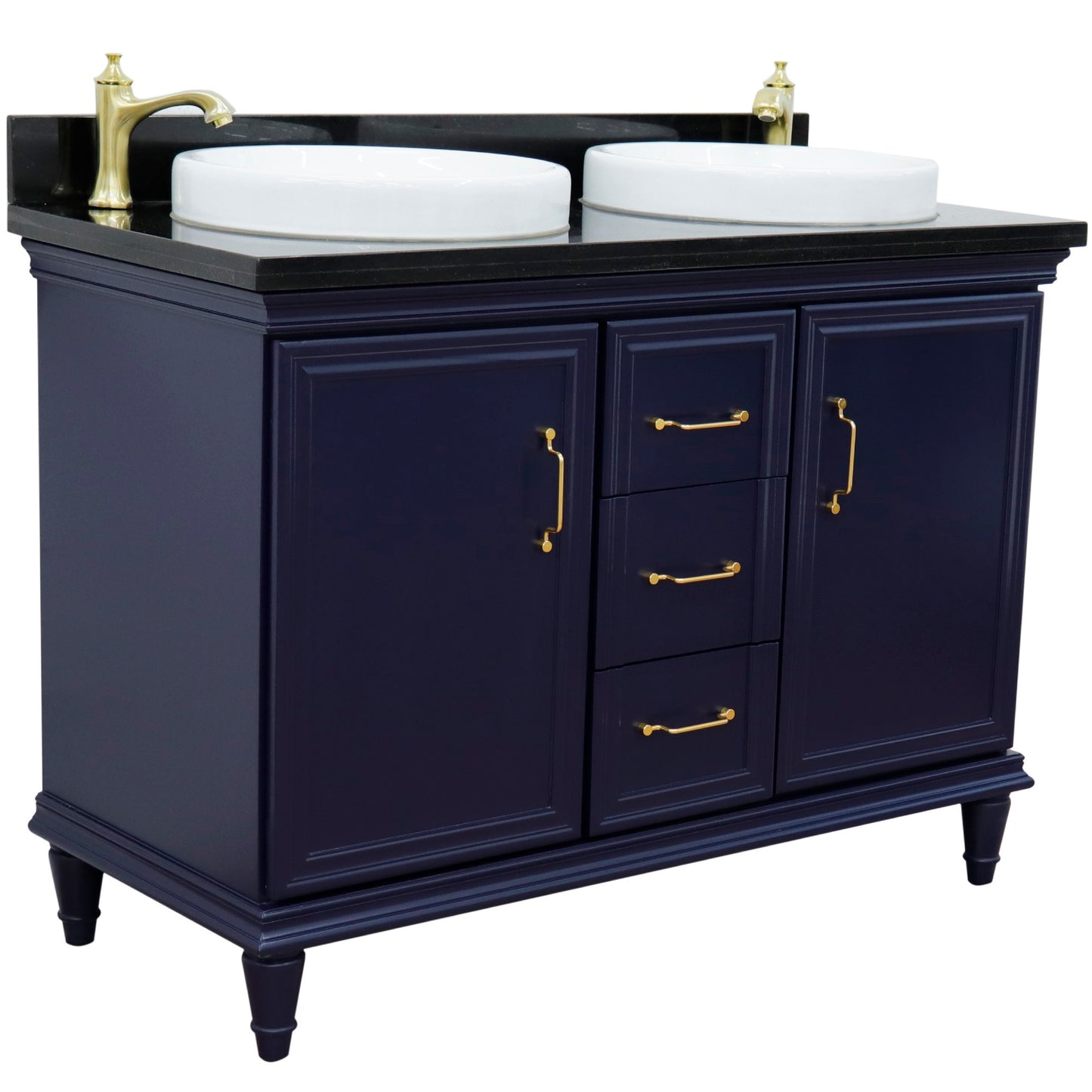 49" Double vanity in Blue finish with Black galaxy and round sink