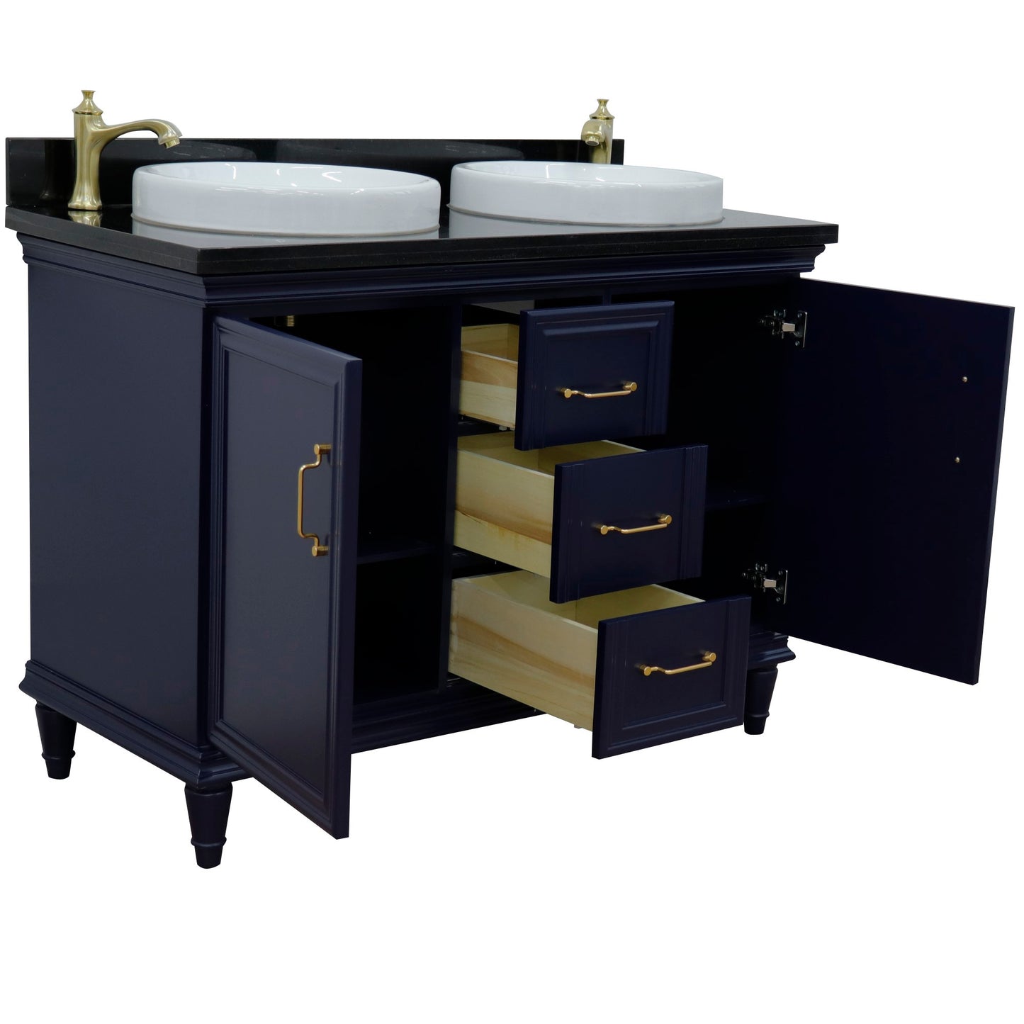 49" Double vanity in Blue finish with Black galaxy and round sink