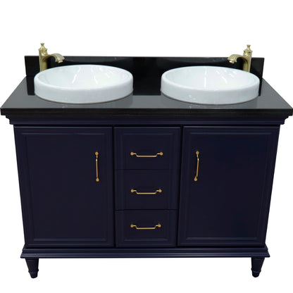 49" Double vanity in Blue finish with Black galaxy and round sink