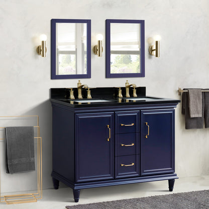 49" Double vanity in Blue finish with Black galaxy and rectangle sink