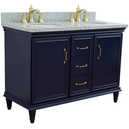 49" Double vanity in Blue finish with Gray granite and oval sink