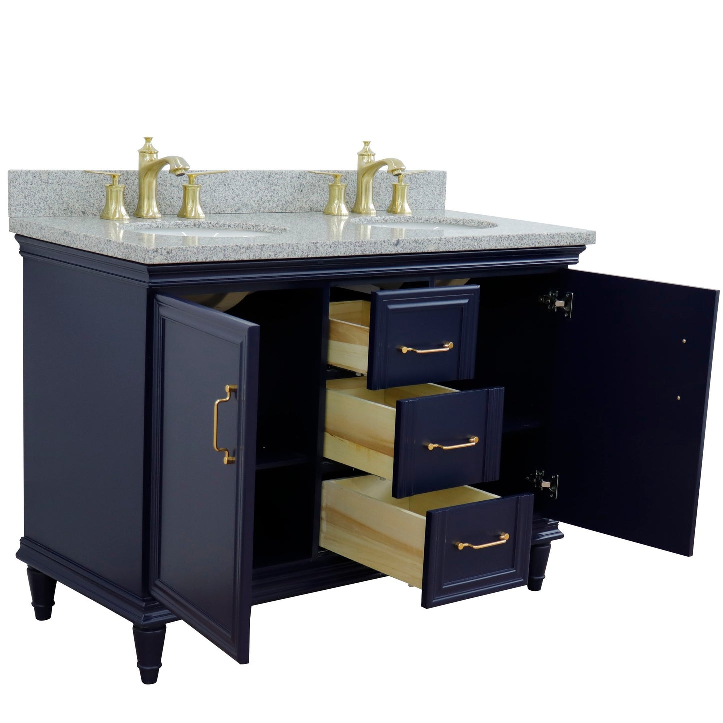 49" Double vanity in Blue finish with Gray granite and oval sink
