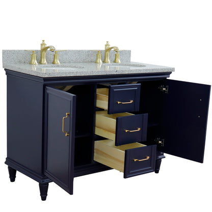 49" Double vanity in Blue finish with Gray granite and oval sink
