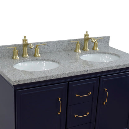 49" Double vanity in Blue finish with Gray granite and oval sink