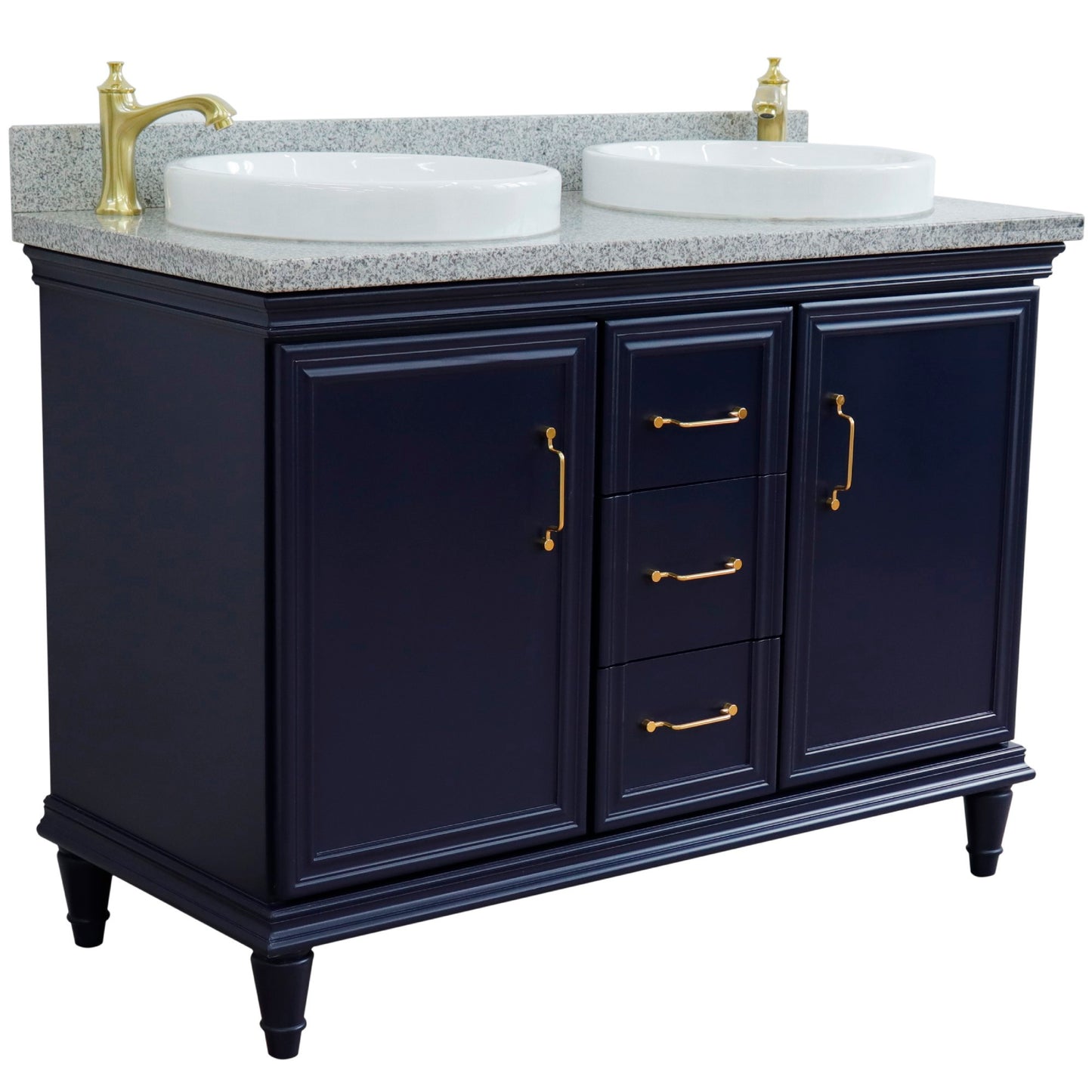 49" Double vanity in Blue finish with Gray granite and round sink