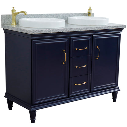 49" Double vanity in Blue finish with Gray granite and round sink