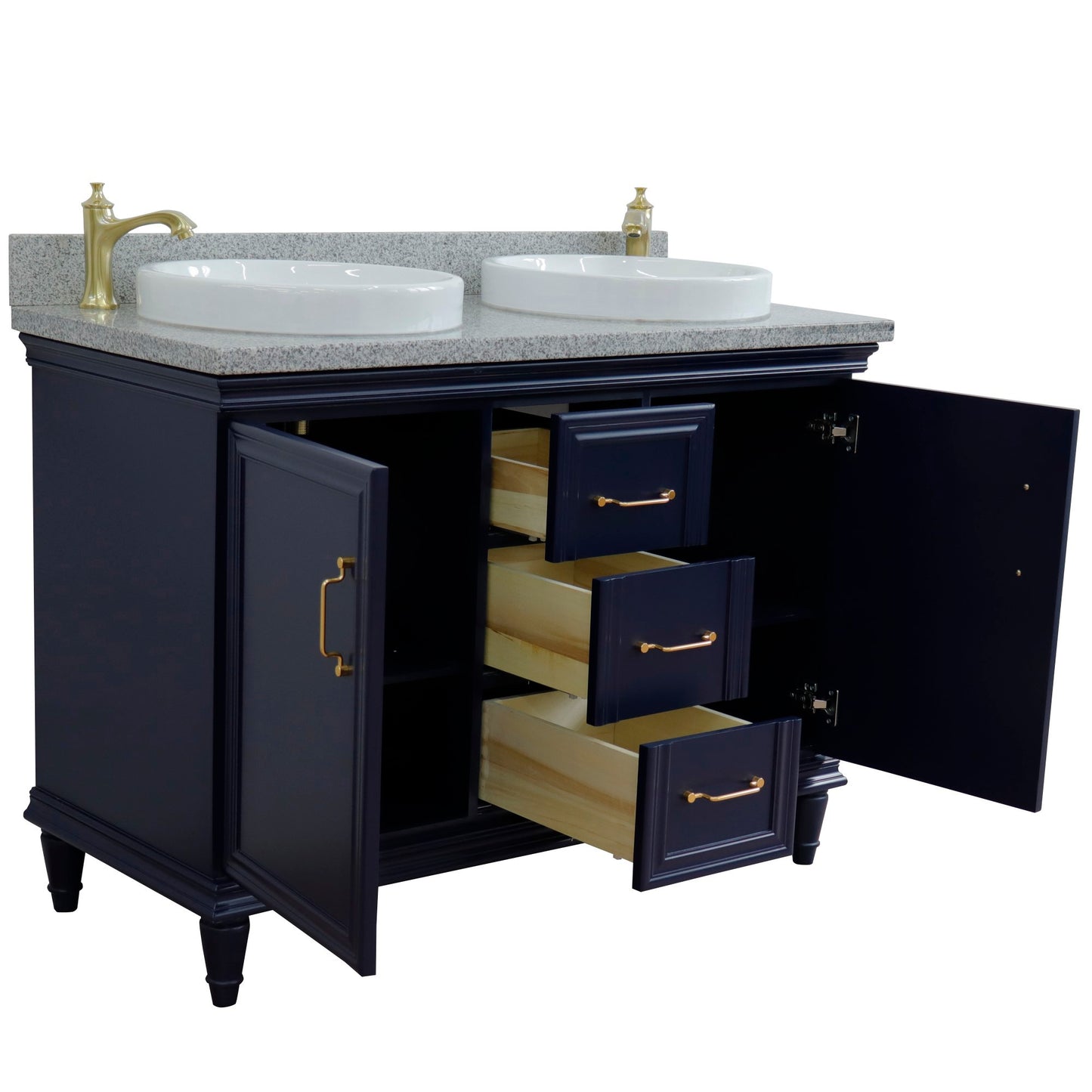 49" Double vanity in Blue finish with Gray granite and round sink