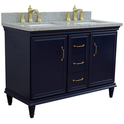 49" Double vanity in Blue finish with Gray granite and rectangle sink