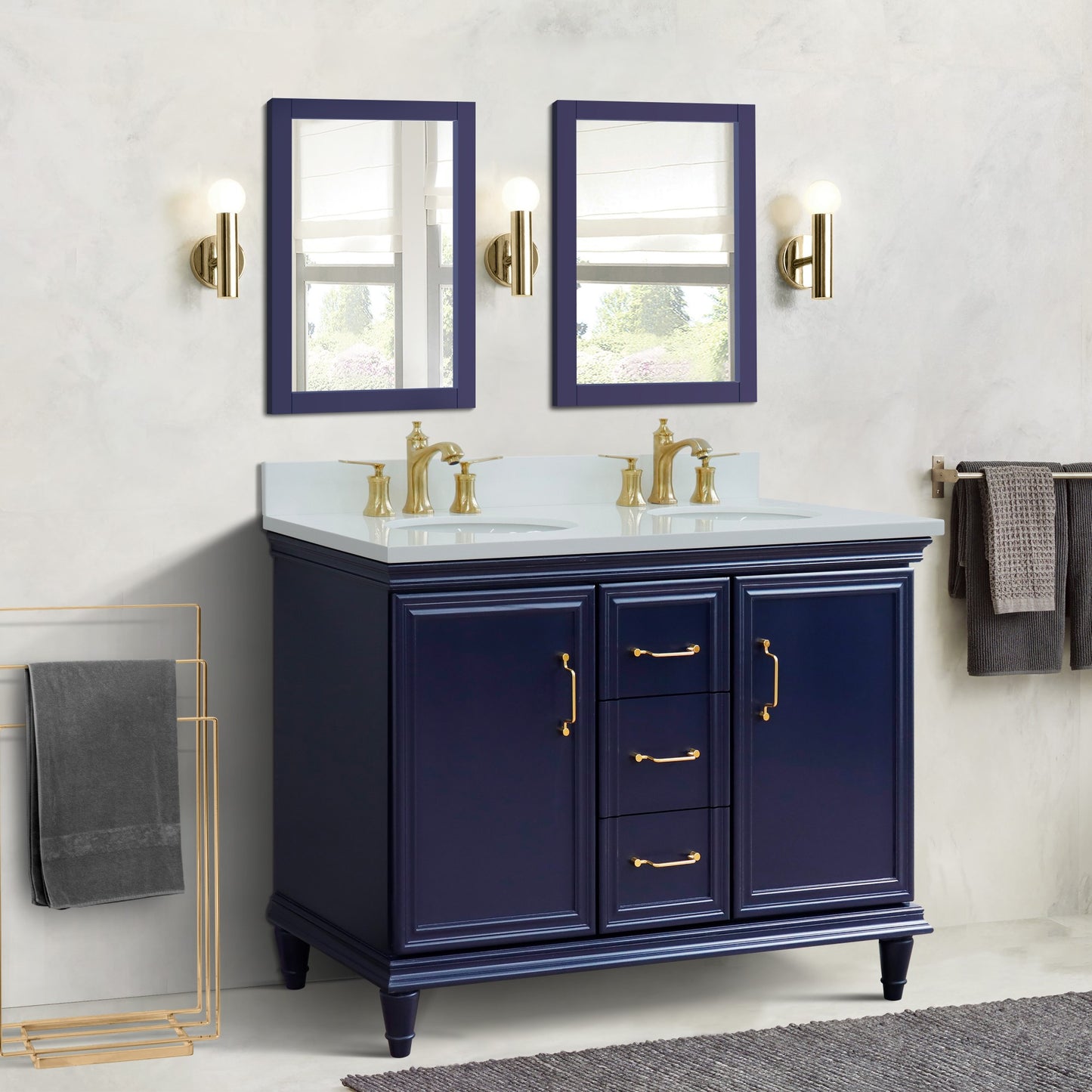 49" Double vanity in Blue finish with White engineered stone and oval sink