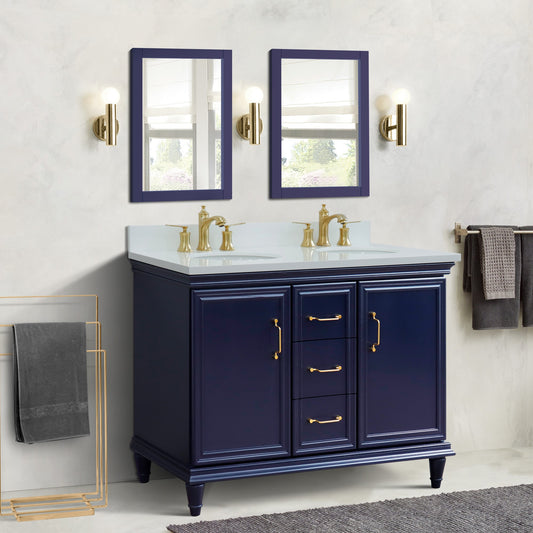 49" Double vanity in Blue finish with White engineered stone and oval sink