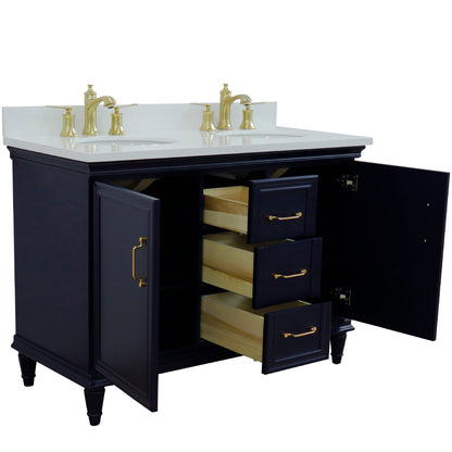 49" Double vanity in Blue finish with White engineered stone and oval sink