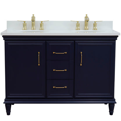 49" Double vanity in Blue finish with White engineered stone and oval sink