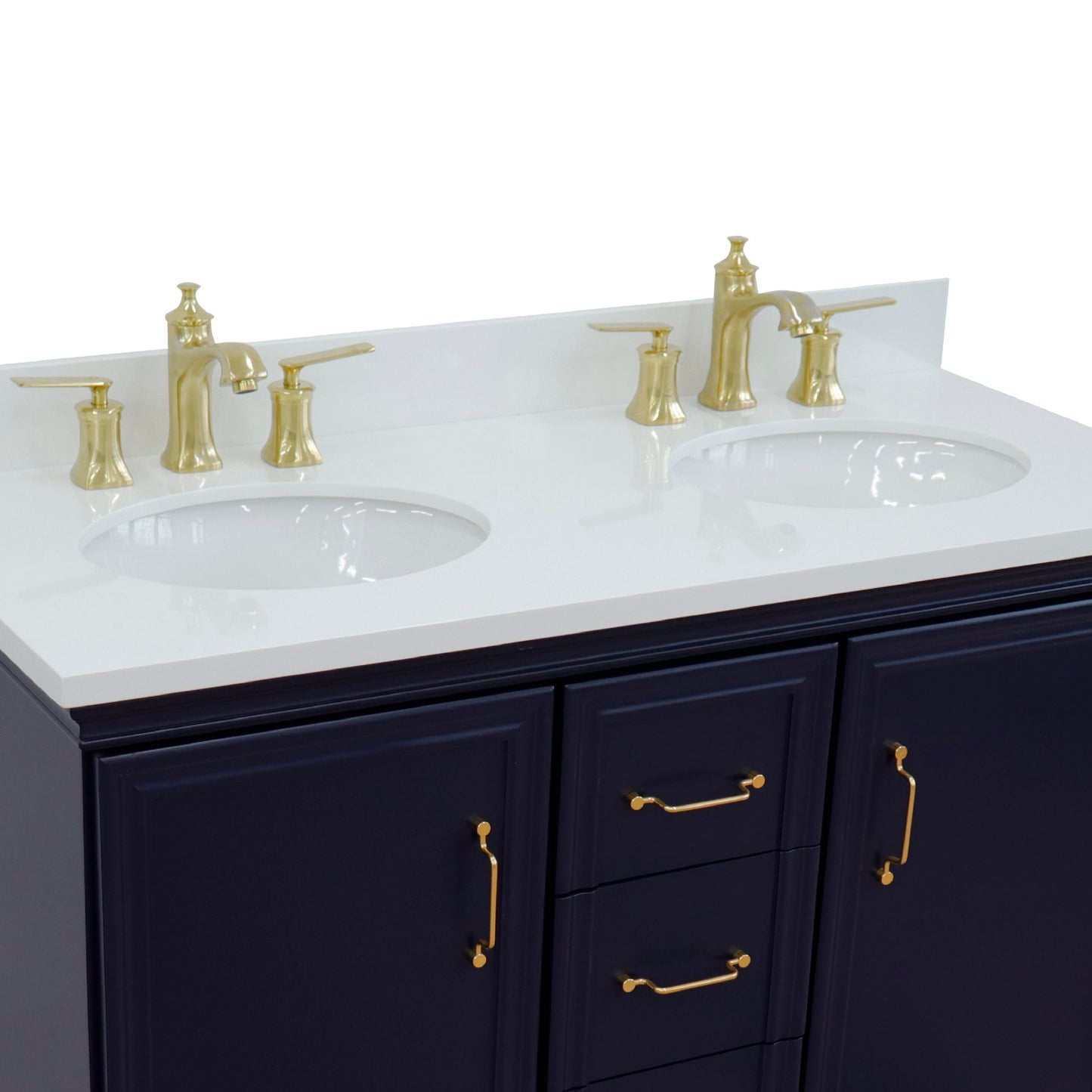 49" Double vanity in Blue finish with White engineered stone and oval sink