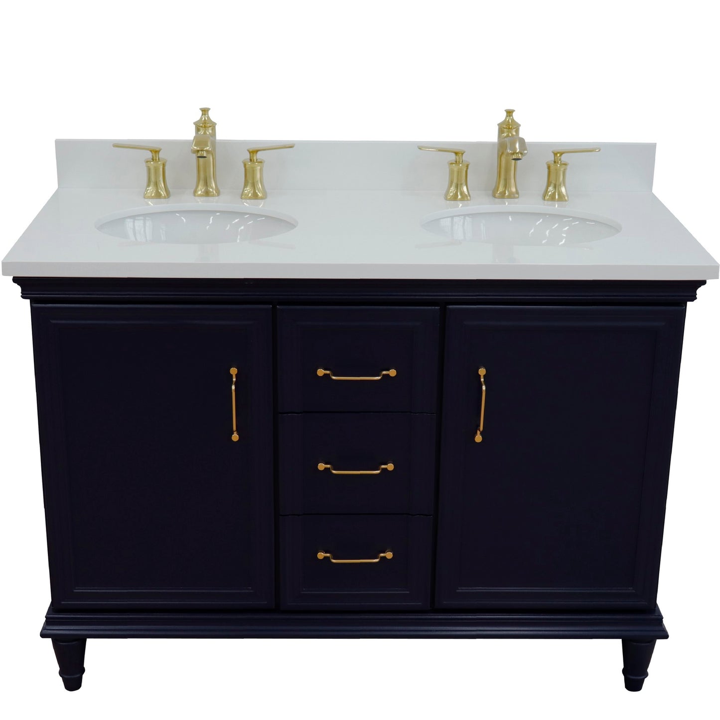 49" Double vanity in Blue finish with White engineered stone and oval sink