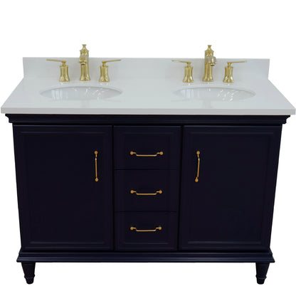 49" Double vanity in Blue finish with White engineered stone and oval sink