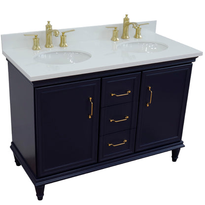 49" Double vanity in Blue finish with White engineered stone and oval sink