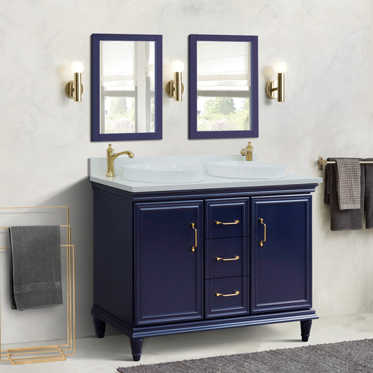 49" Double vanity in Blue finish with White engineered stone and round sink