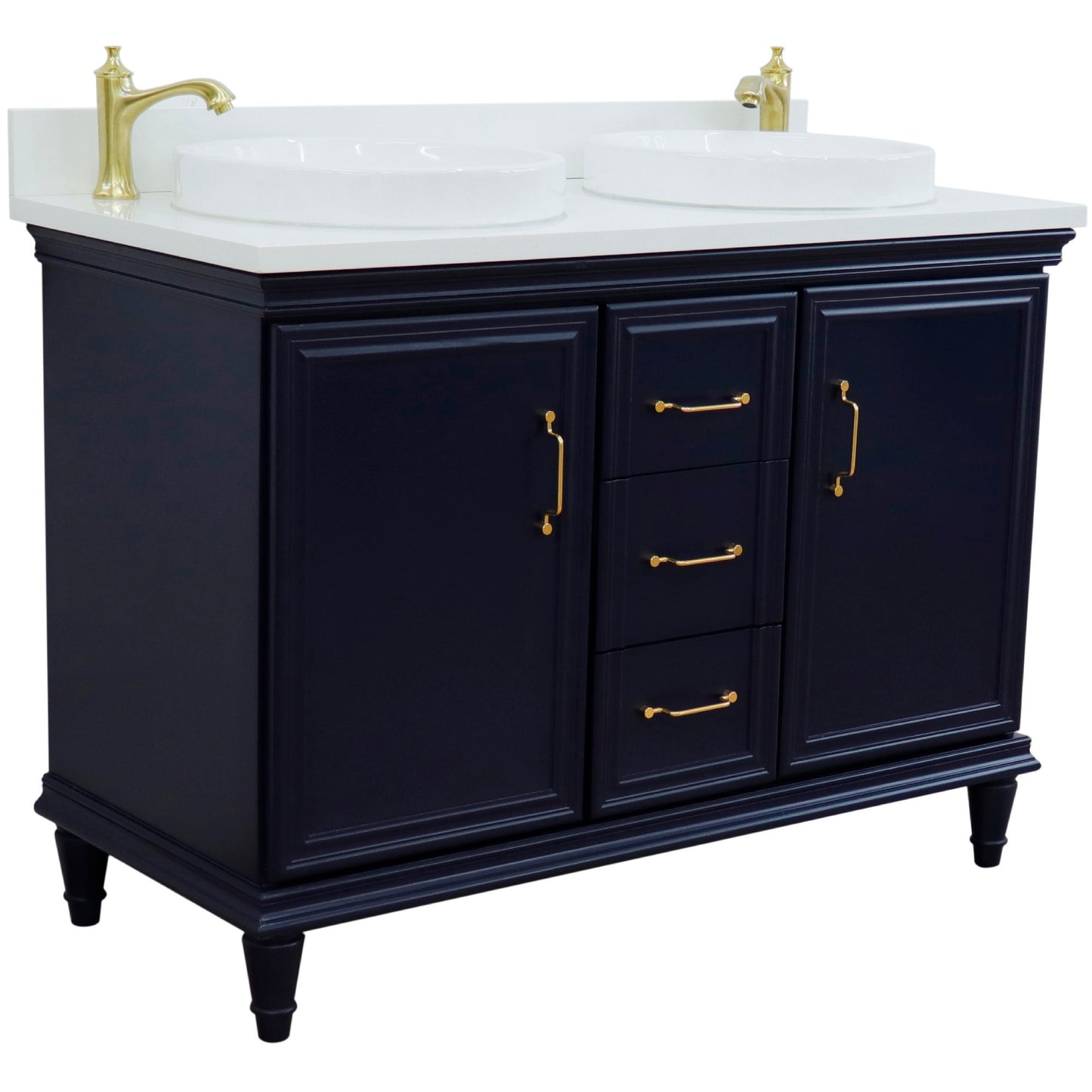 49" Double vanity in Blue finish with White engineered stone and round sink