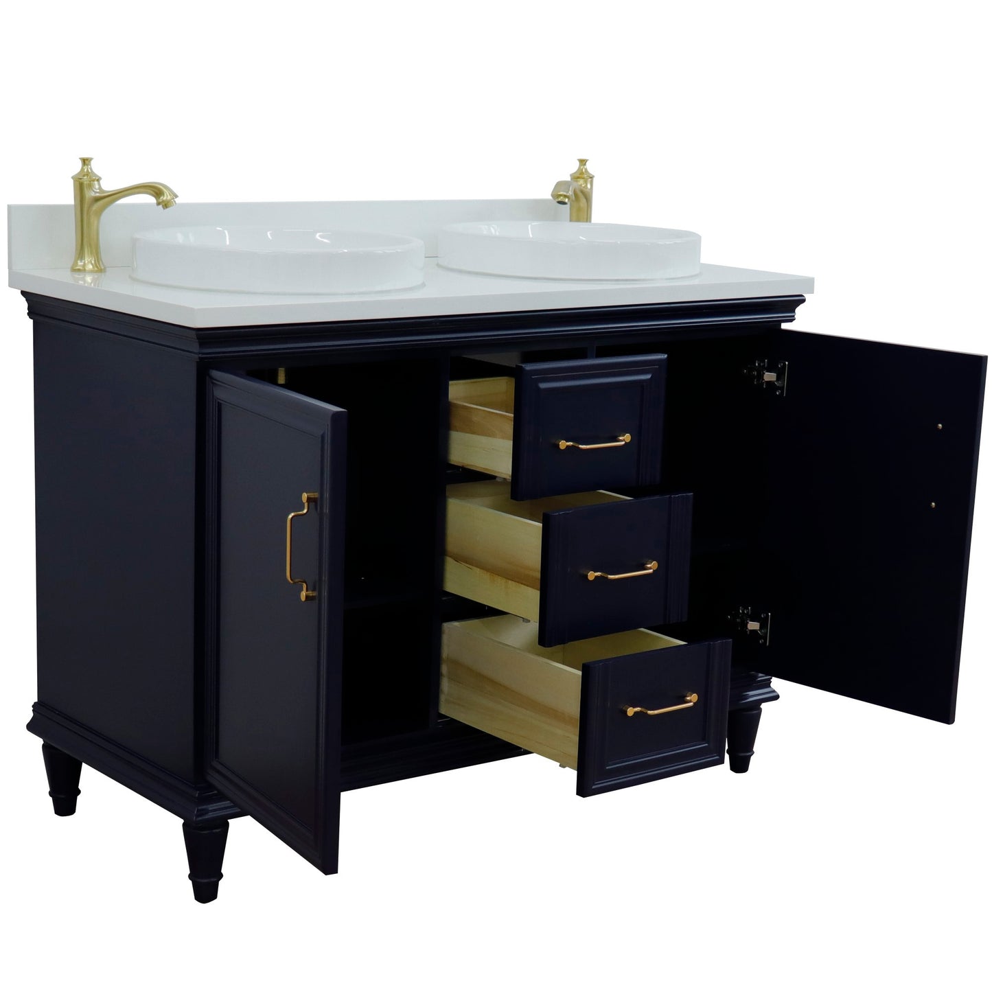 49" Double vanity in Blue finish with White engineered stone and round sink