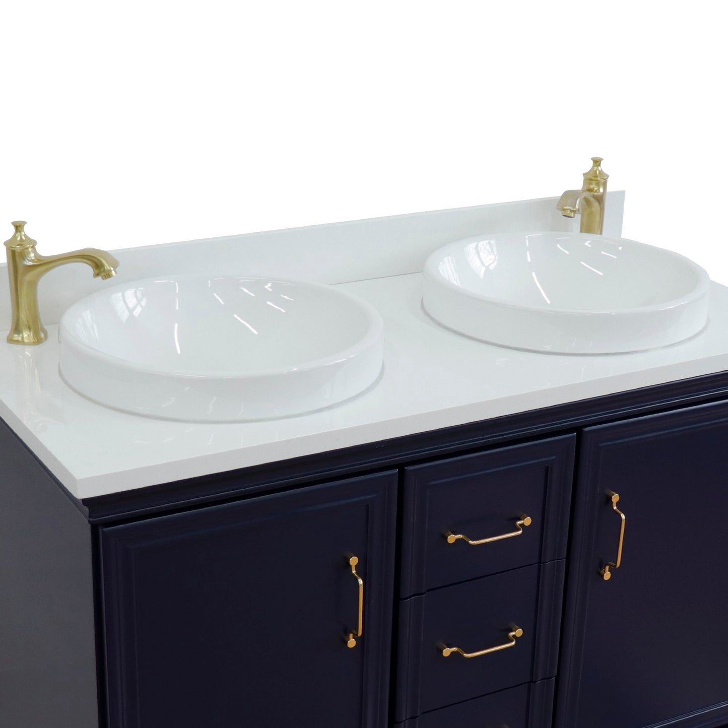 49" Double vanity in Blue finish with White engineered stone and round sink