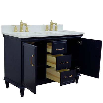 49" Double vanity in Blue finish with White engineered stone and rectangle sink