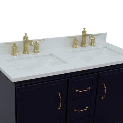 49" Double vanity in Blue finish with White engineered stone and rectangle sink