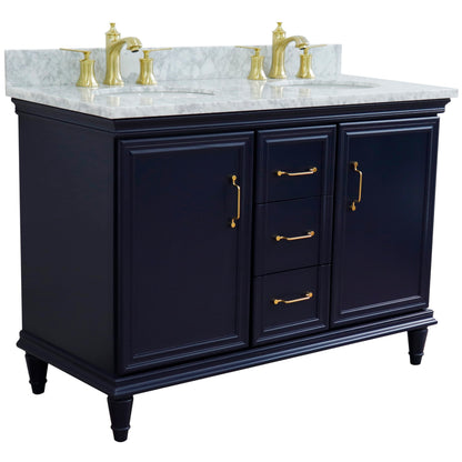 49" Double vanity in Blue finish with White Carrara and oval sink
