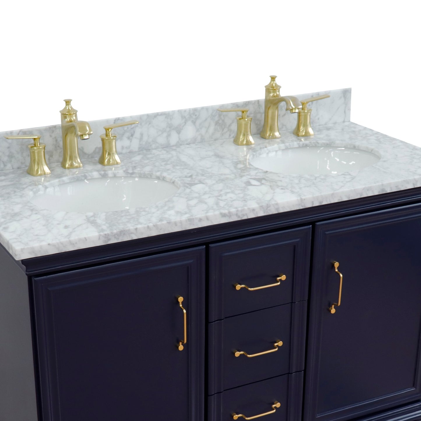 49" Double vanity in Blue finish with White Carrara and oval sink
