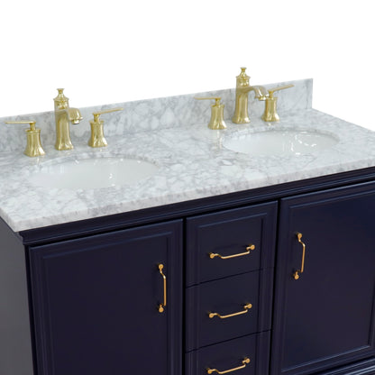 49" Double vanity in Blue finish with White Carrara and oval sink
