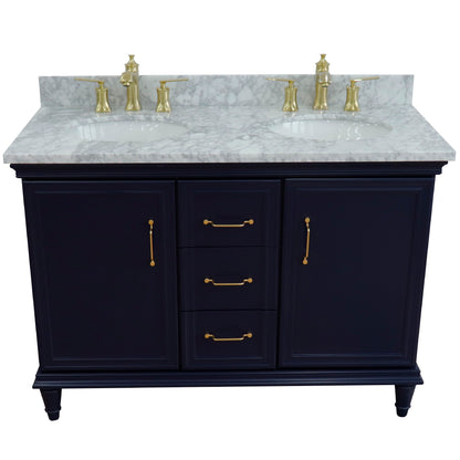 49" Double vanity in Blue finish with White Carrara and oval sink