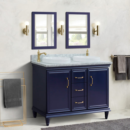 49" Double vanity in Blue finish with White Carrara and round sink