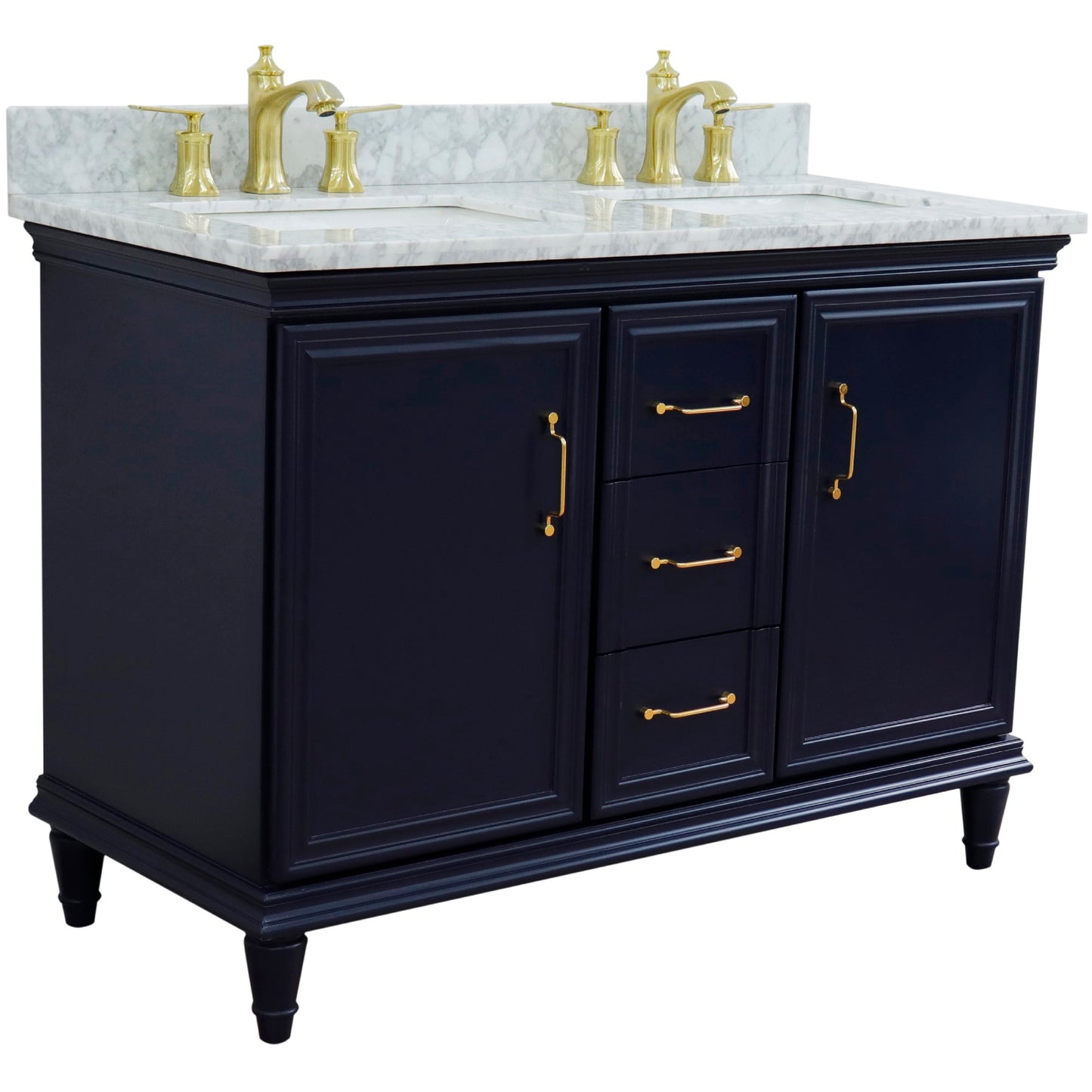 49" Double vanity in Blue finish with White Carrara and rectangle sink