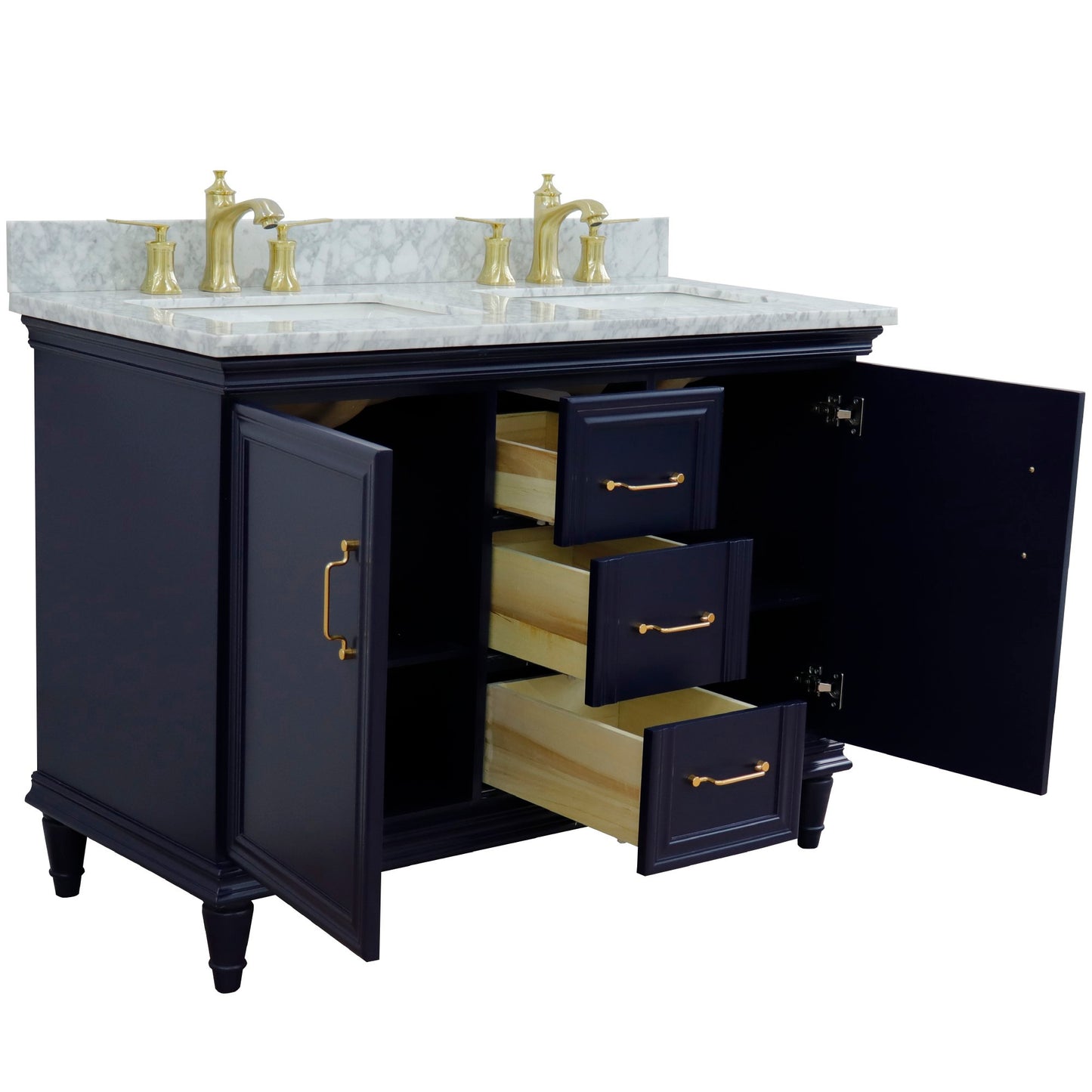 49" Double vanity in Blue finish with White Carrara and rectangle sink