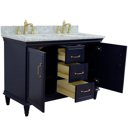 49" Double vanity in Blue finish with White Carrara and rectangle sink
