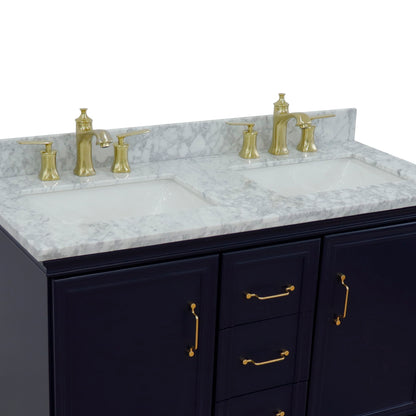 49" Double vanity in Blue finish with White Carrara and rectangle sink