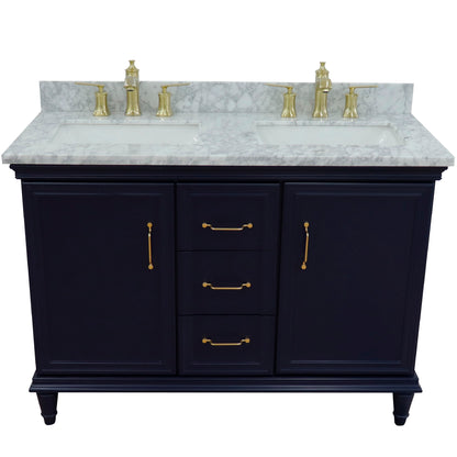 49" Double vanity in Blue finish with White Carrara and rectangle sink