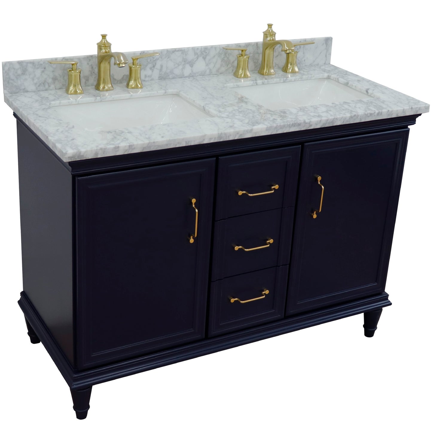 49" Double vanity in Blue finish with White Carrara and rectangle sink